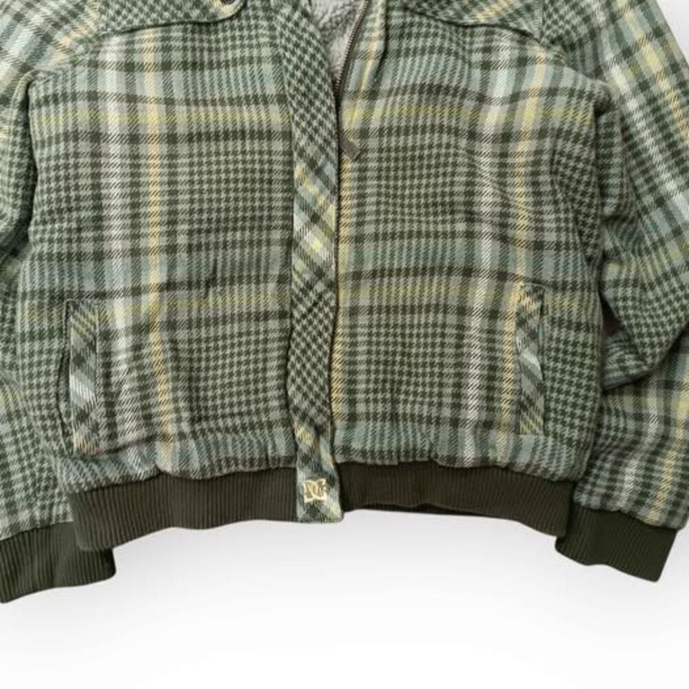 Vintage Y2k Sherpa Lined DC Shoe Co Ladies Green Plaid Zip Up Hoodie - L - Picture 5 of 7